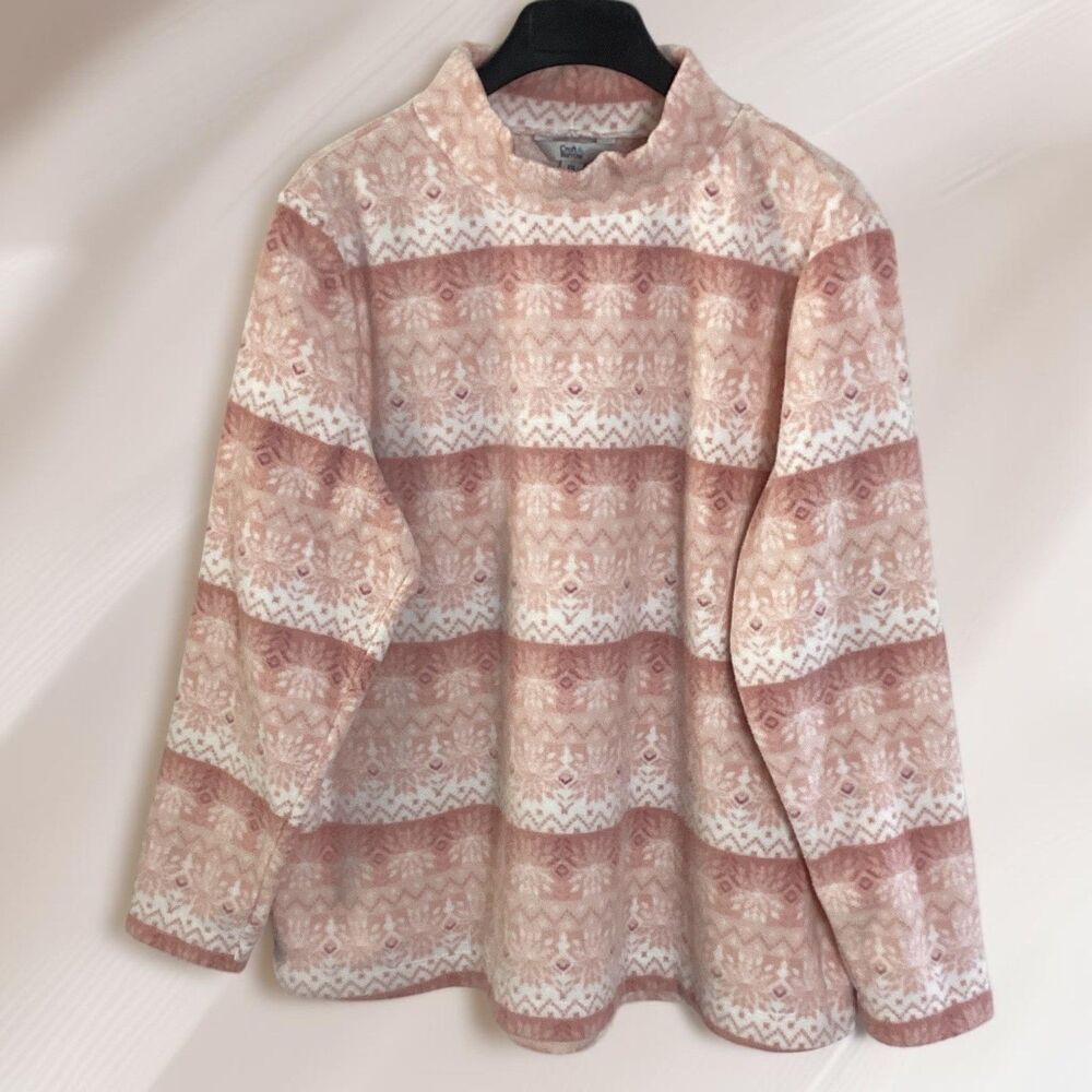 Croft & Barrow Womens XXL Pink Fair Isle Snowflake Fleece Mock Neck Pullover